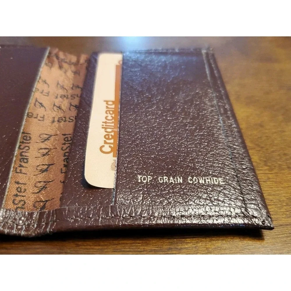 Fran Stef Top Grain Leather Wallet Tri-Fold Dark‎ Brown Thin Mens Wallet